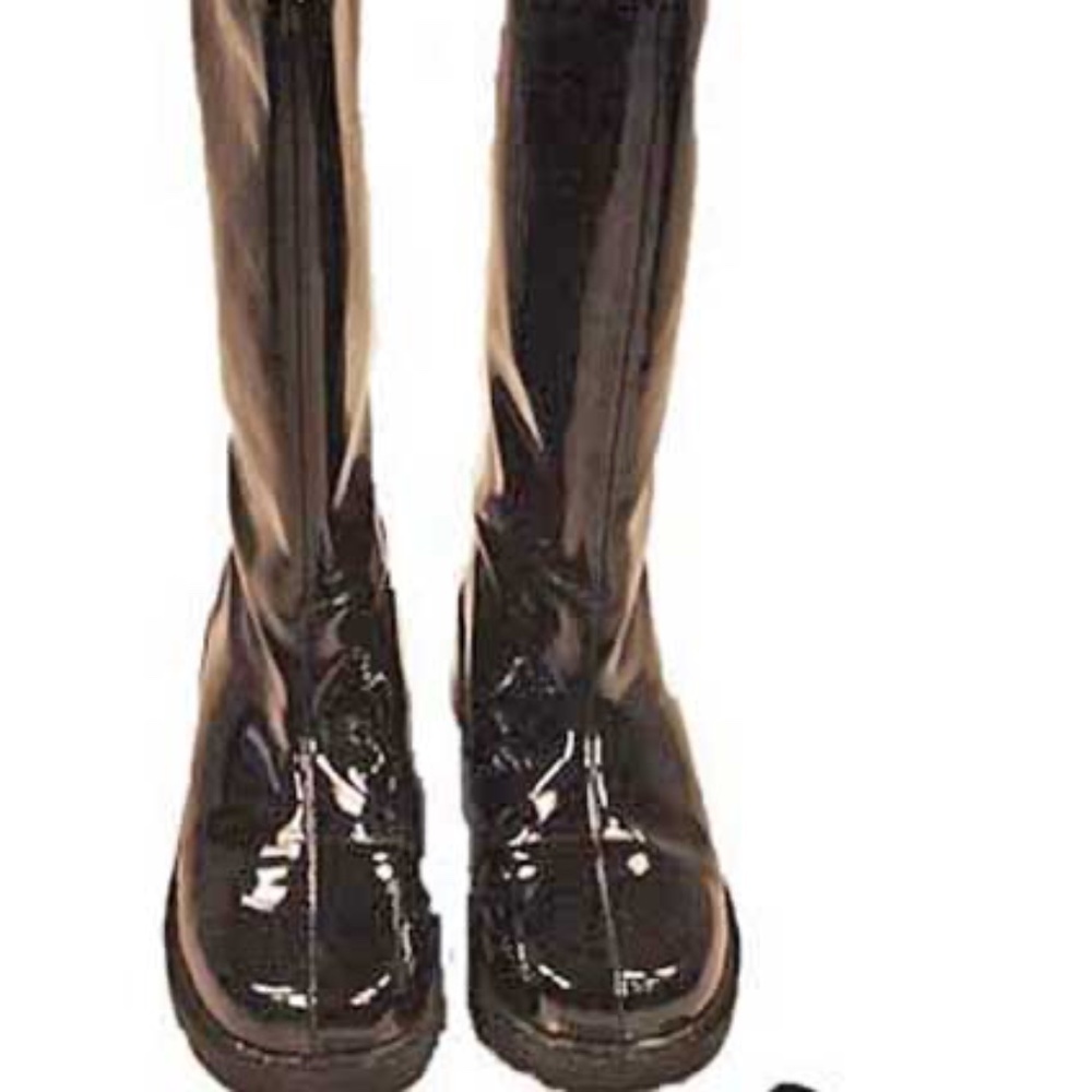 BOOTS LONDON FOG PATENT KNEE HIGH BOOTS, BLACK, SIZE 8B, WEATHERPROOF, HEEL 2 ¼ 